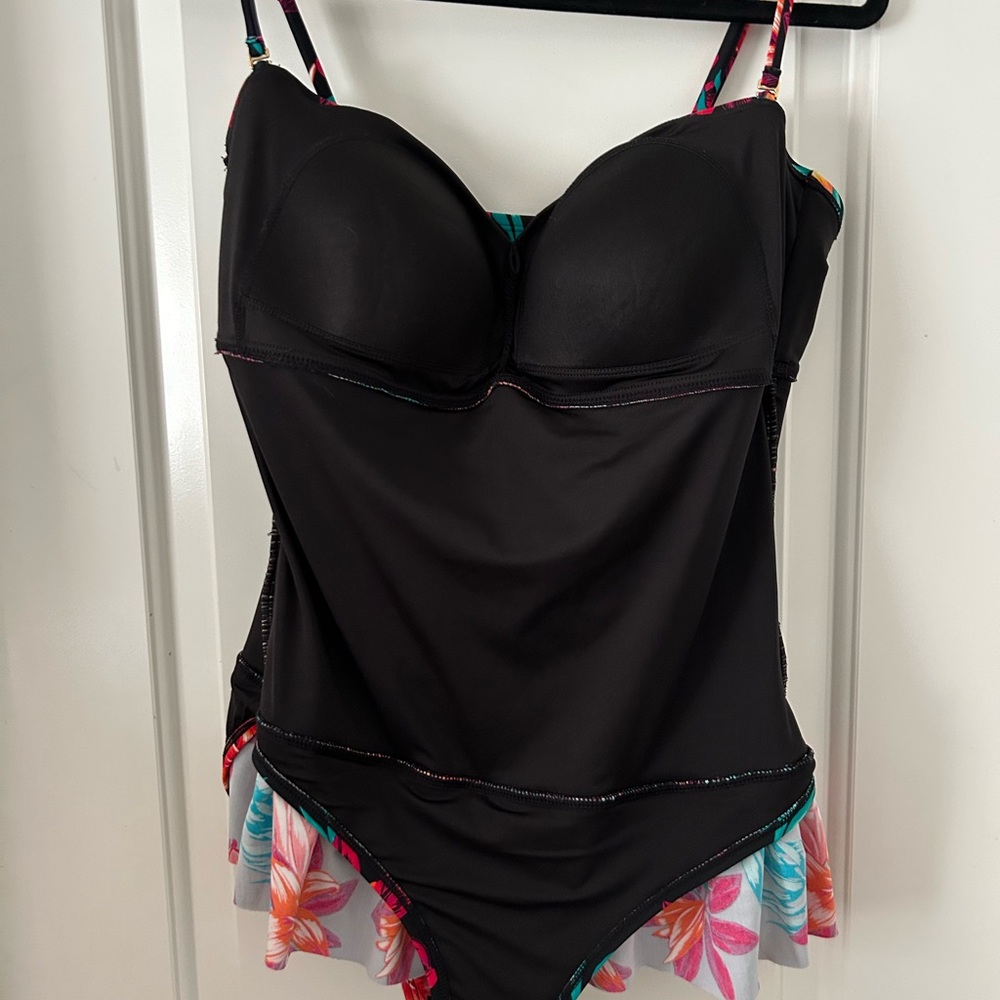 Tropical Escape Black One-Piece Swimsuit with Pink, Red and Yellow Floral Print - Picture 9 of 11